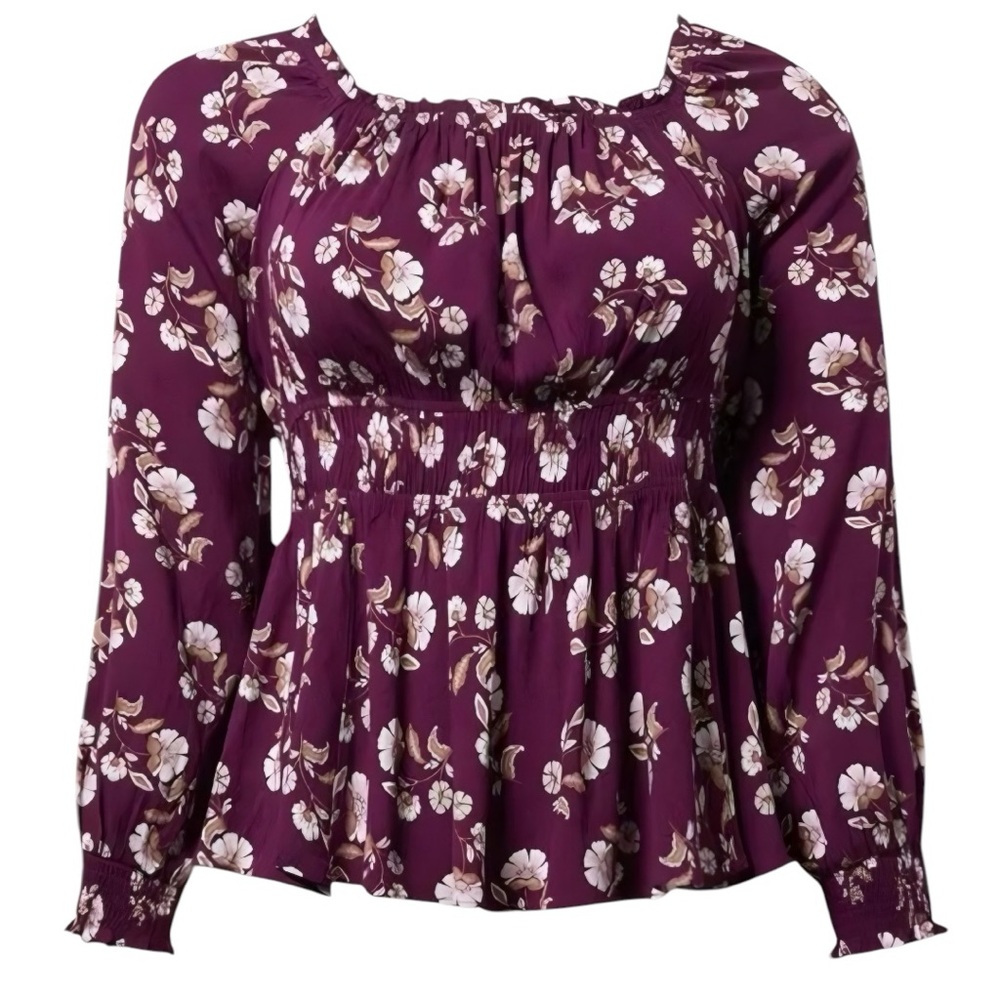TORRID Purple‎ Floral Rayon Slub Waist Detail Blouson Sleeve Blouse NWT Size 3X